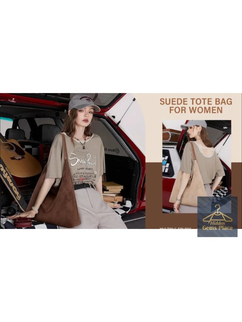 2-Piece Vegan Leather Purse Set: Slouchy Hobo Shoulder Bag & Suede Tote